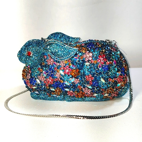Handbags - New In Box Blue Colorful Crystals Floral Rabbit Evening Clutch Purse